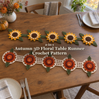 Five-flower Golden Sunflower Vine and five-flower Copper Chrysanthemum Lace crochet table runners on a wooden autumn dining table with plates and linen napkins, beneath the product title.