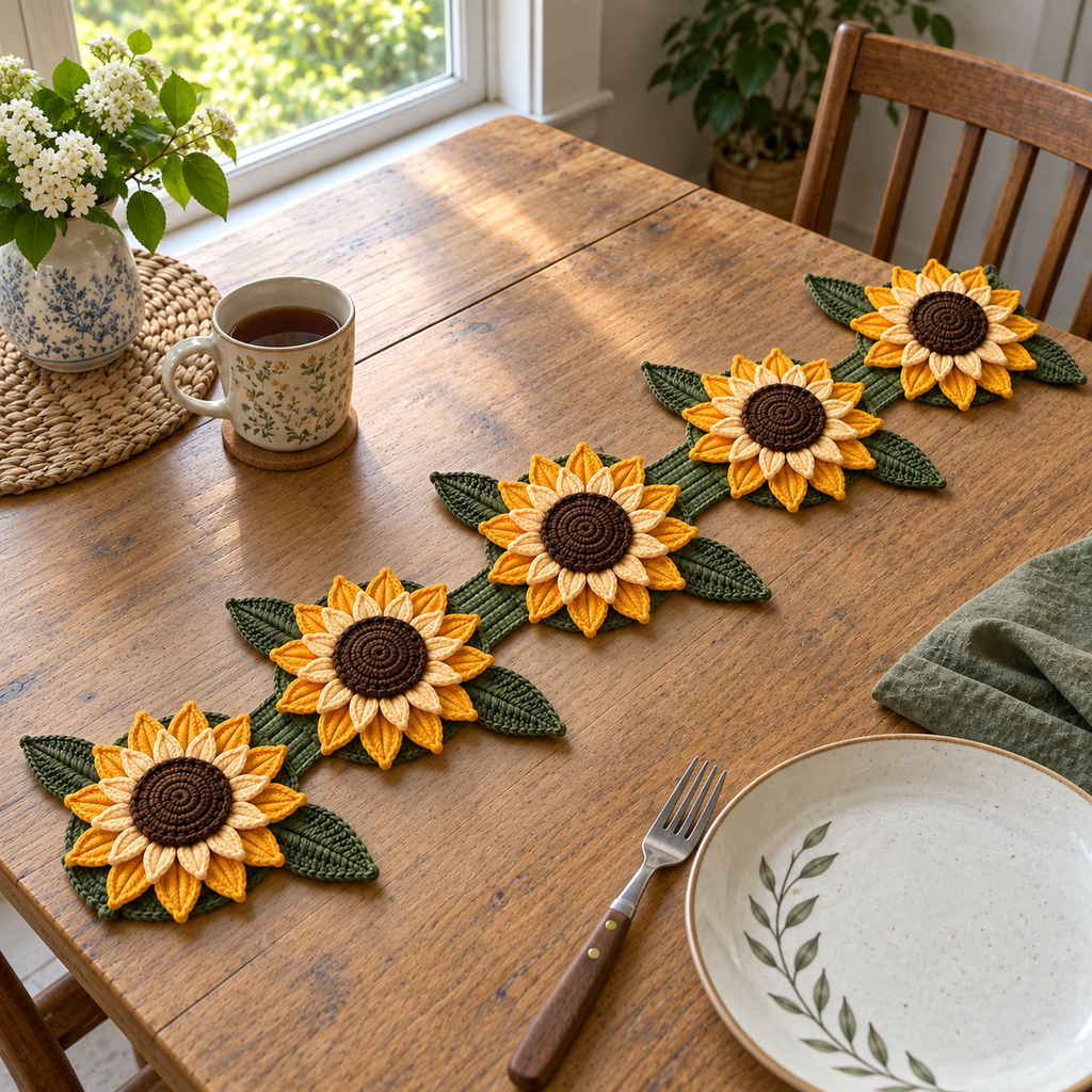 A long crochet table runner with five golden and cream sunflowers, brown centres and olive leaves beside a tea mug and plate on a wooden kitchen table.