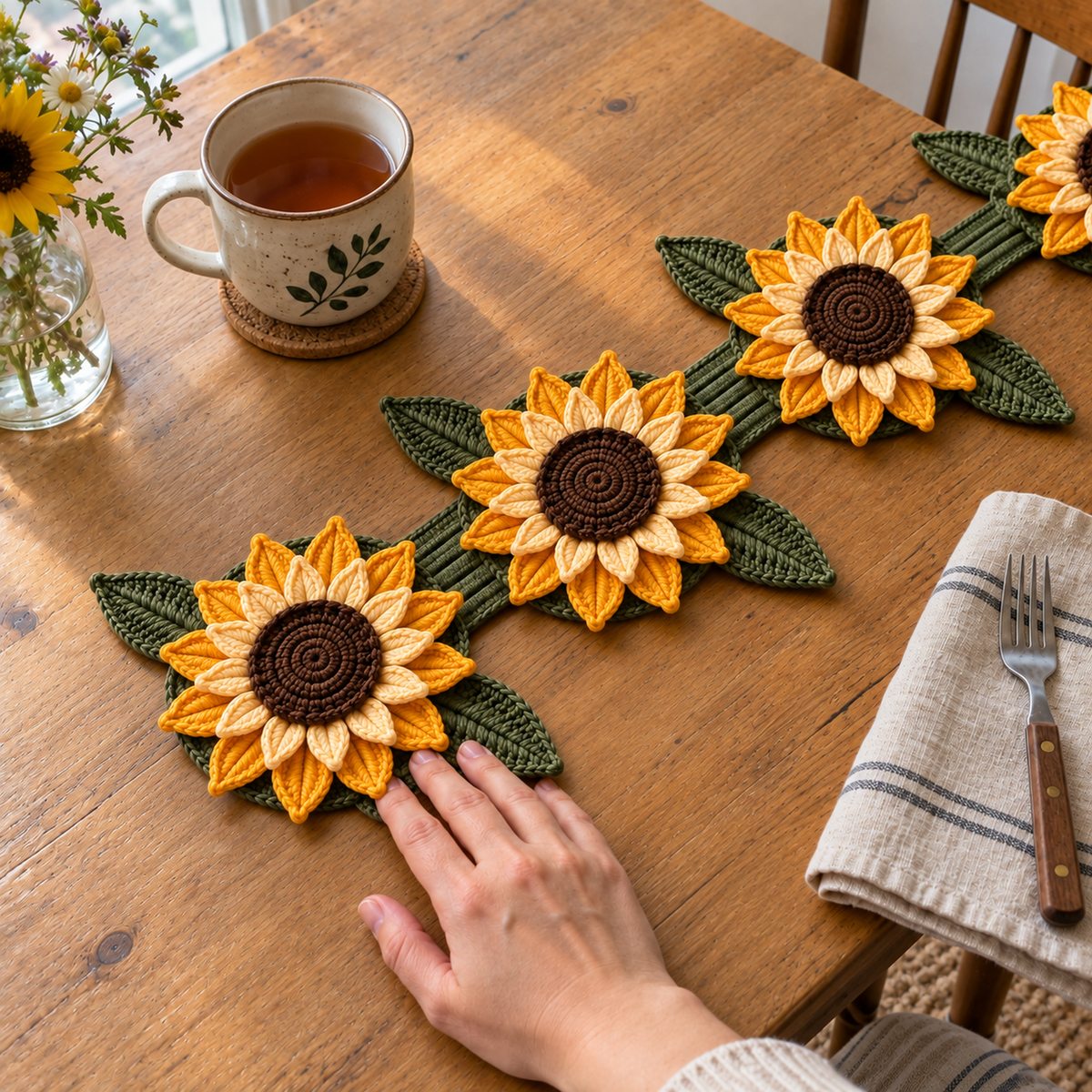 An adult hand touches an olive leaf on part of a Golden Sunflower Vine crochet table runner, with three complete golden flowers and part of a fourth visible beside a tea mug and striped linen napkin.