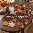 Two autumn crochet table runners displayed on an oval walnut dining table, with the Autumn Branch & Maple Lace pattern title.
