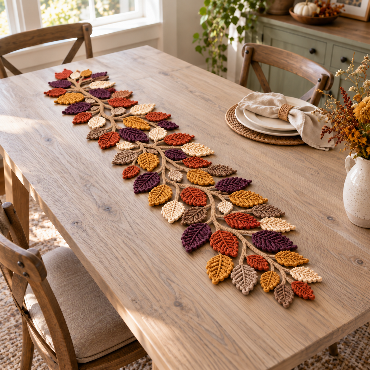 A dense crochet leaf runner in plum, rust, mustard, ivory and taupe on tan branches across a pale wood dining table.