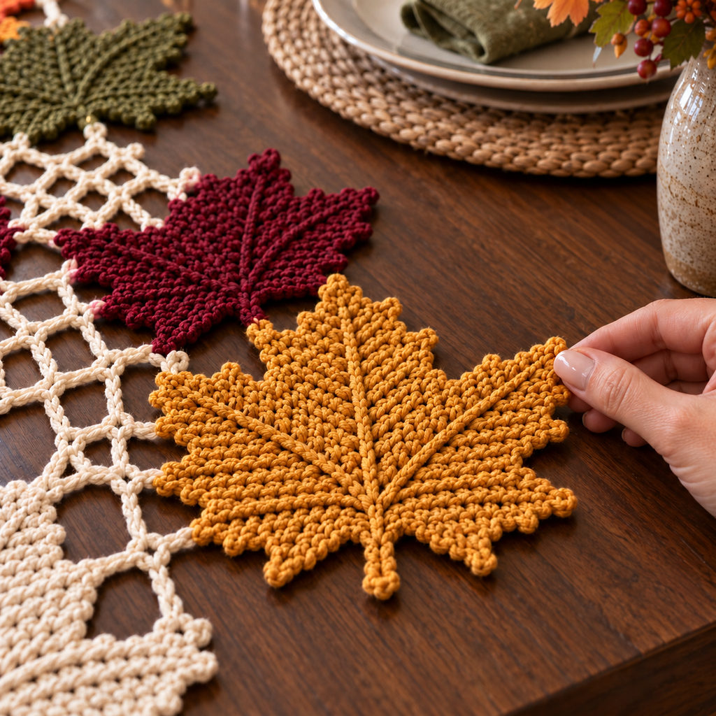 Fingertips touch a mustard crochet maple leaf beside ivory open connections on a walnut table.