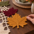 Fingertips touch a mustard crochet maple leaf beside ivory open connections on a walnut table.