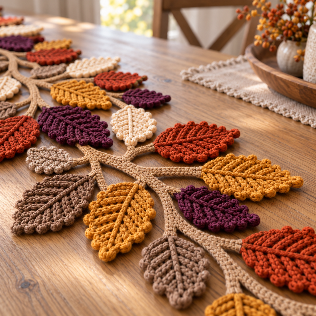 Close view of ribbed crochet leaves and tan branching stems resting on an oak table.