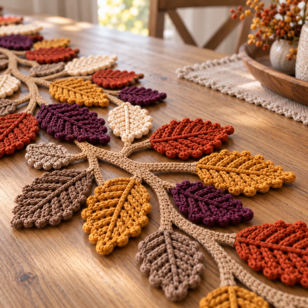 Close view of ribbed crochet leaves and tan branching stems resting on an oak table.