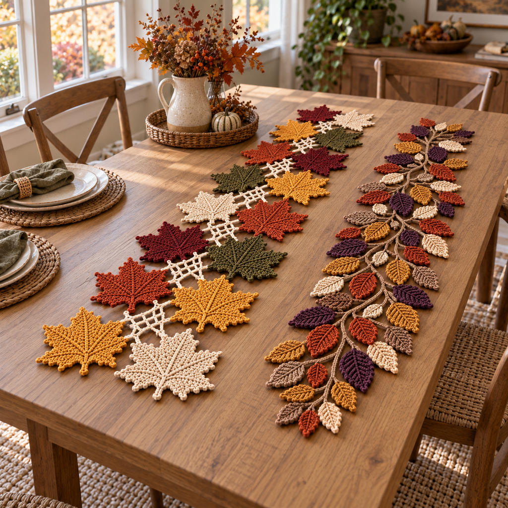 Both autumn leaf crochet runners displayed beside ceramic plates and dried foliage on a light-oak dining table.