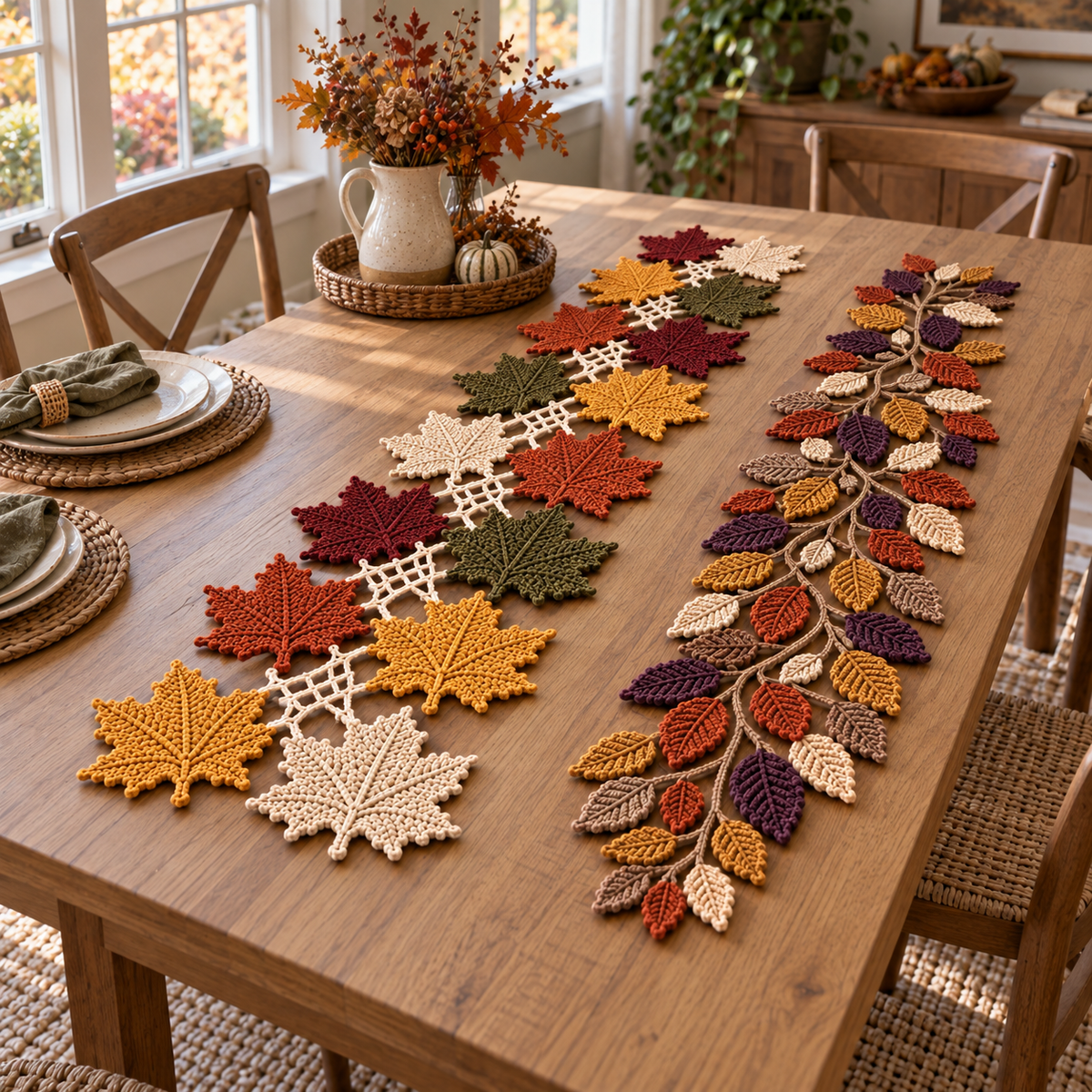 Both autumn leaf crochet runners displayed beside ceramic plates and dried foliage on a light-oak dining table.