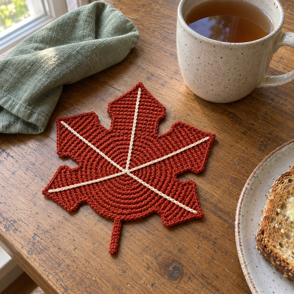 Rust-red Sugar Maple crochet coaster with five pointed lobes, cream veins and a short yarn stem on a wooden breakfast table beside a tea mug and sage linen napkin.