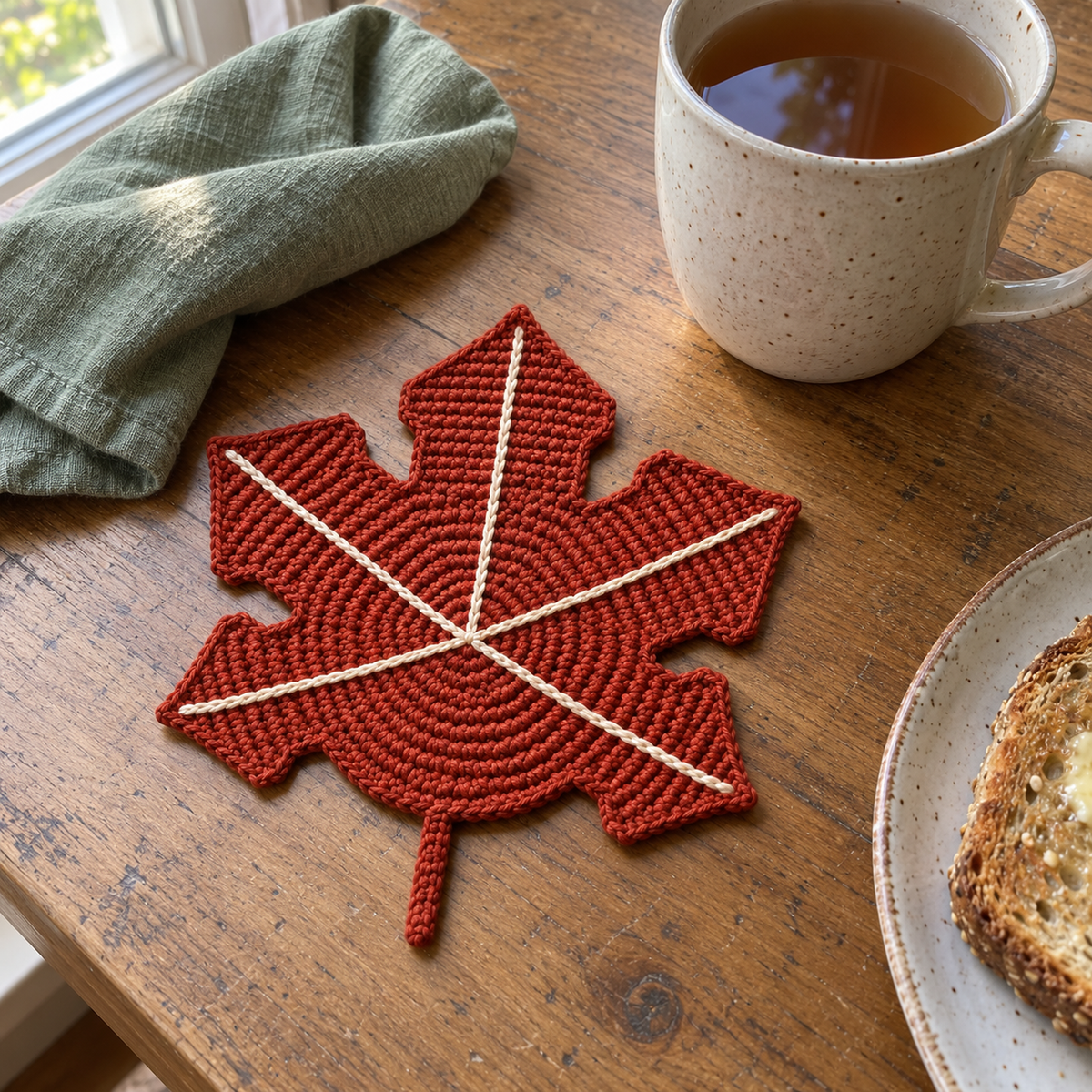 Rust-red Sugar Maple crochet coaster with five pointed lobes, cream veins and a short yarn stem on a wooden breakfast table beside a tea mug and sage linen napkin.