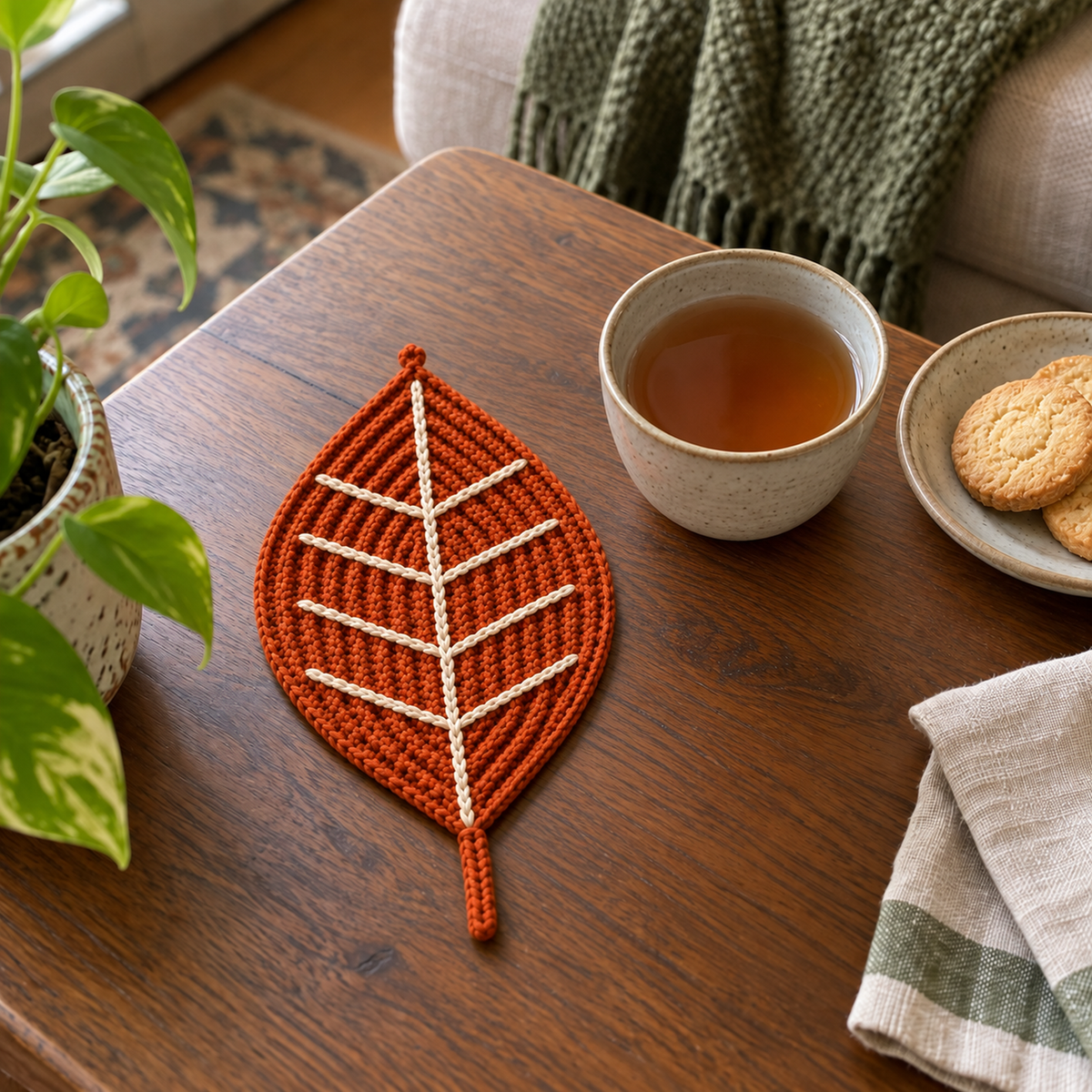 Burnt-orange ribbed Harvest Chevron crochet leaf coaster with cream veins and a short yarn stem on a walnut tea table beside a cup, biscuits and a linen napkin.