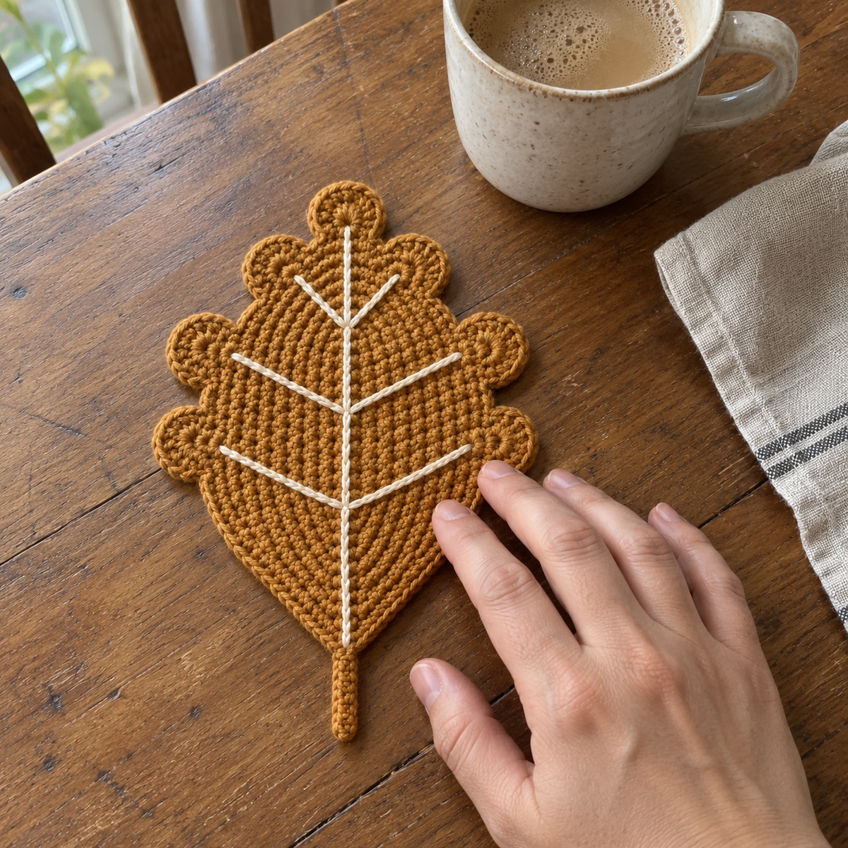 An adult hand gently touching an ochre Golden Oak crochet leaf coaster with cream veins on a wooden table beside a ceramic mug.