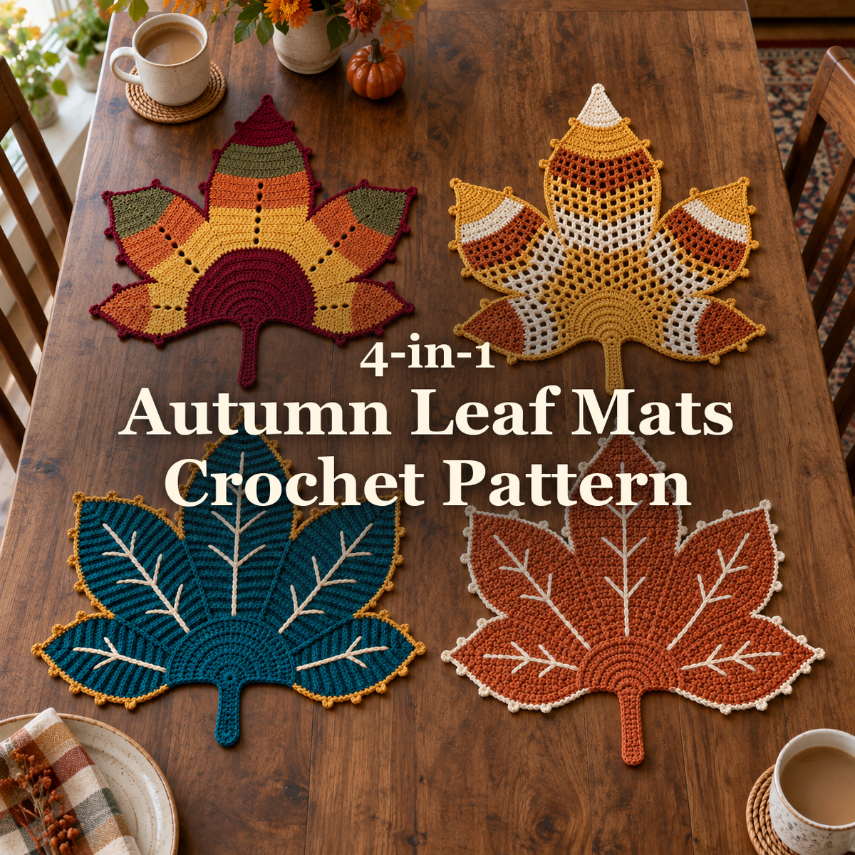 Four autumn leaf mats on a wooden dining table: Harvest Mosaic, Amber Lace, Teal & Gold and Copper Vein.