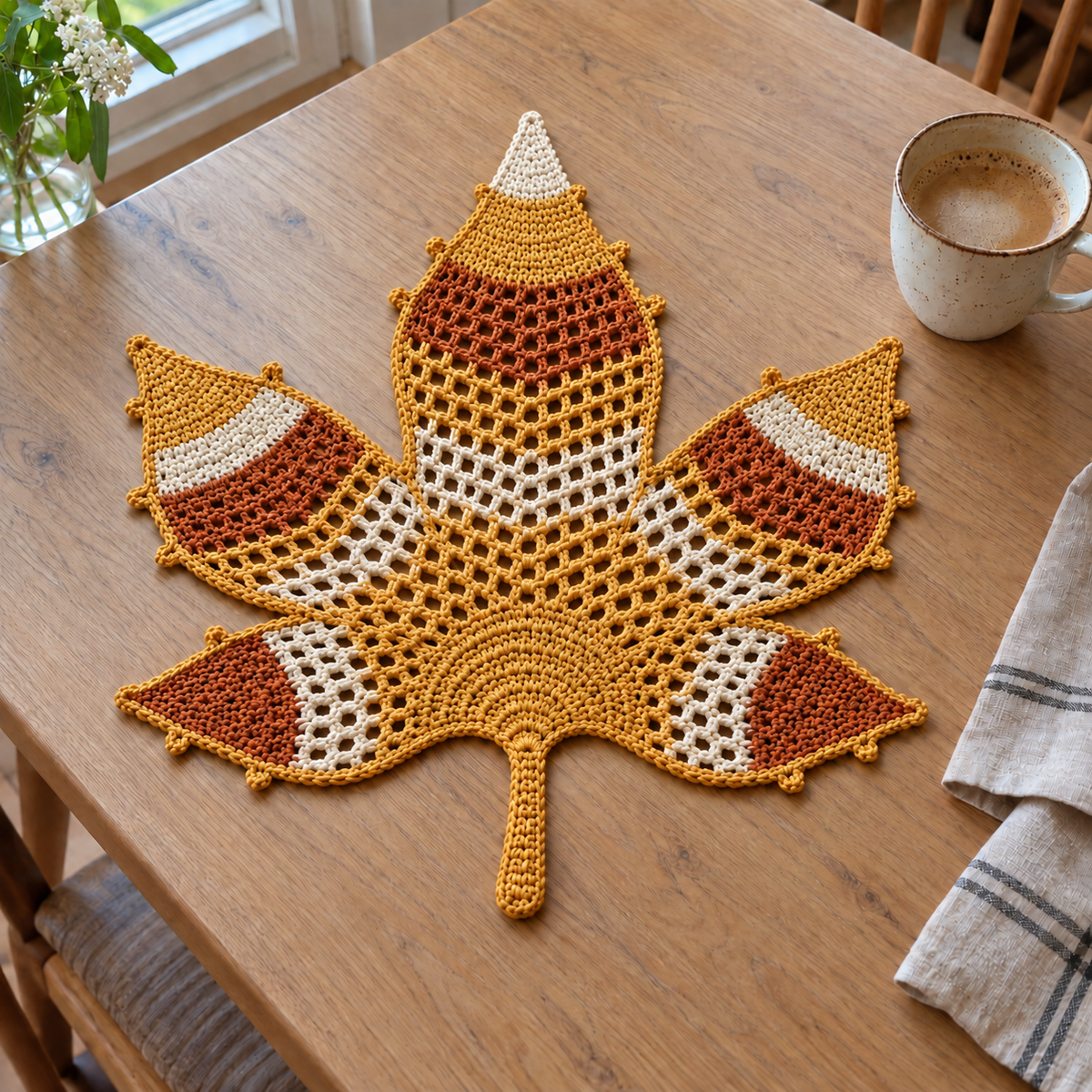 Amber Lace leaf mat with honey gold, ivory and burnt amber stripes, five lobes and a straight gold stem.