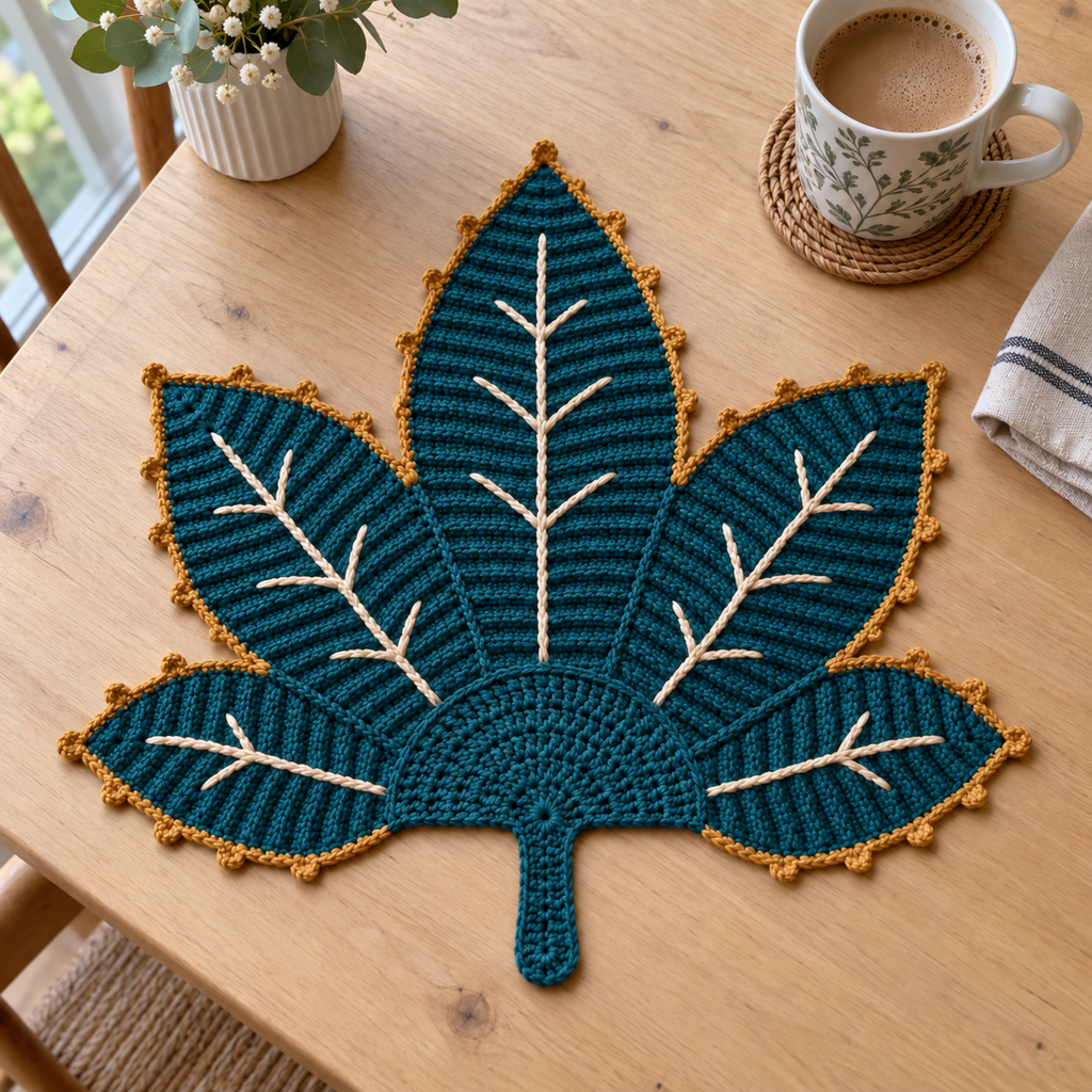 Deep teal ribbed leaf mat with ivory branching veins, ochre picot edging and a short teal stem.