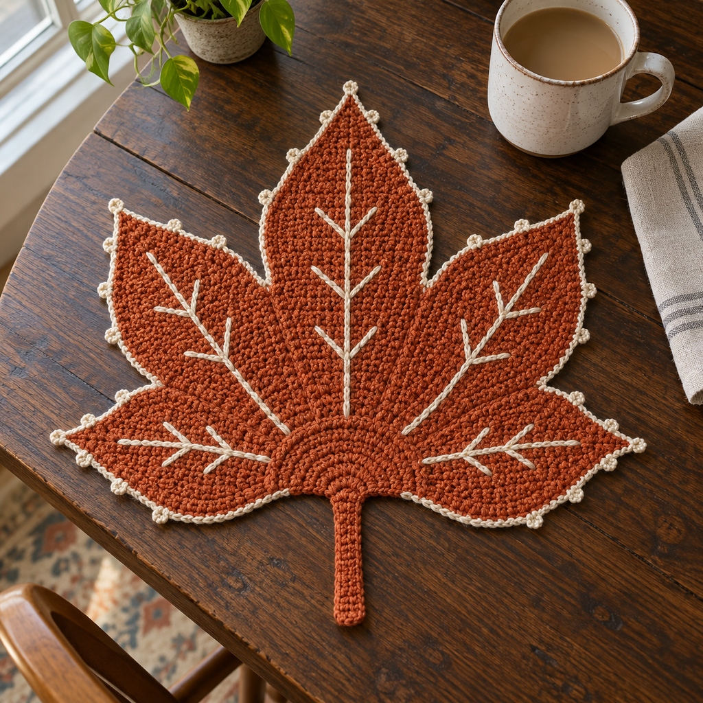 Rust orange Copper Vein leaf mat with ivory branching veins and a delicate ivory edge.