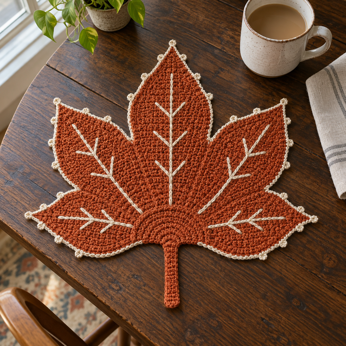 Rust orange Copper Vein leaf mat with ivory branching veins and a delicate ivory edge.