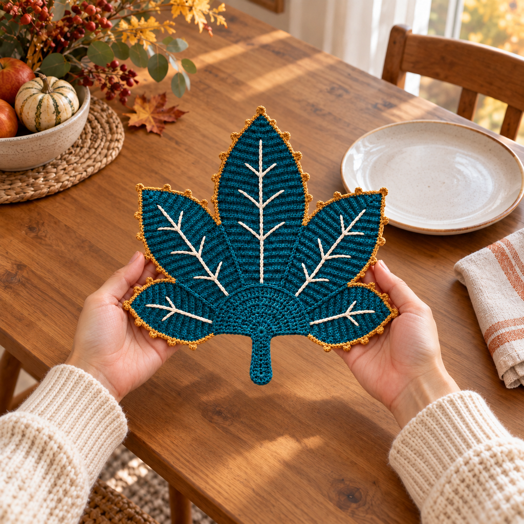 Two adult hands supporting a finished Teal & Gold crochet leaf mat above a wooden table beside a ceramic plate.