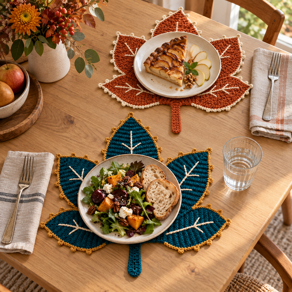 Close two-place table setting with salad and dessert plates resting on Teal & Gold and Copper Vein crochet leaf mats.