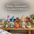 Ten crocheted baby dinosaurs on a wooden bench beneath the title 10-in-1 Baby Dinosaur Crochet Pattern.
