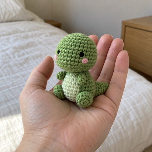 An adult hand holding a small green baby T-rex with a pale-green belly and pink cheeks.