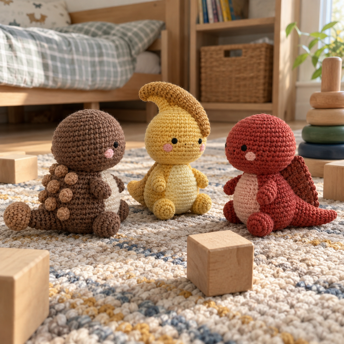 Brown Ankylosaurus, yellow Parasaurolophus and red Spinosaurus crochet toys sitting on a playroom rug beside wooden blocks.