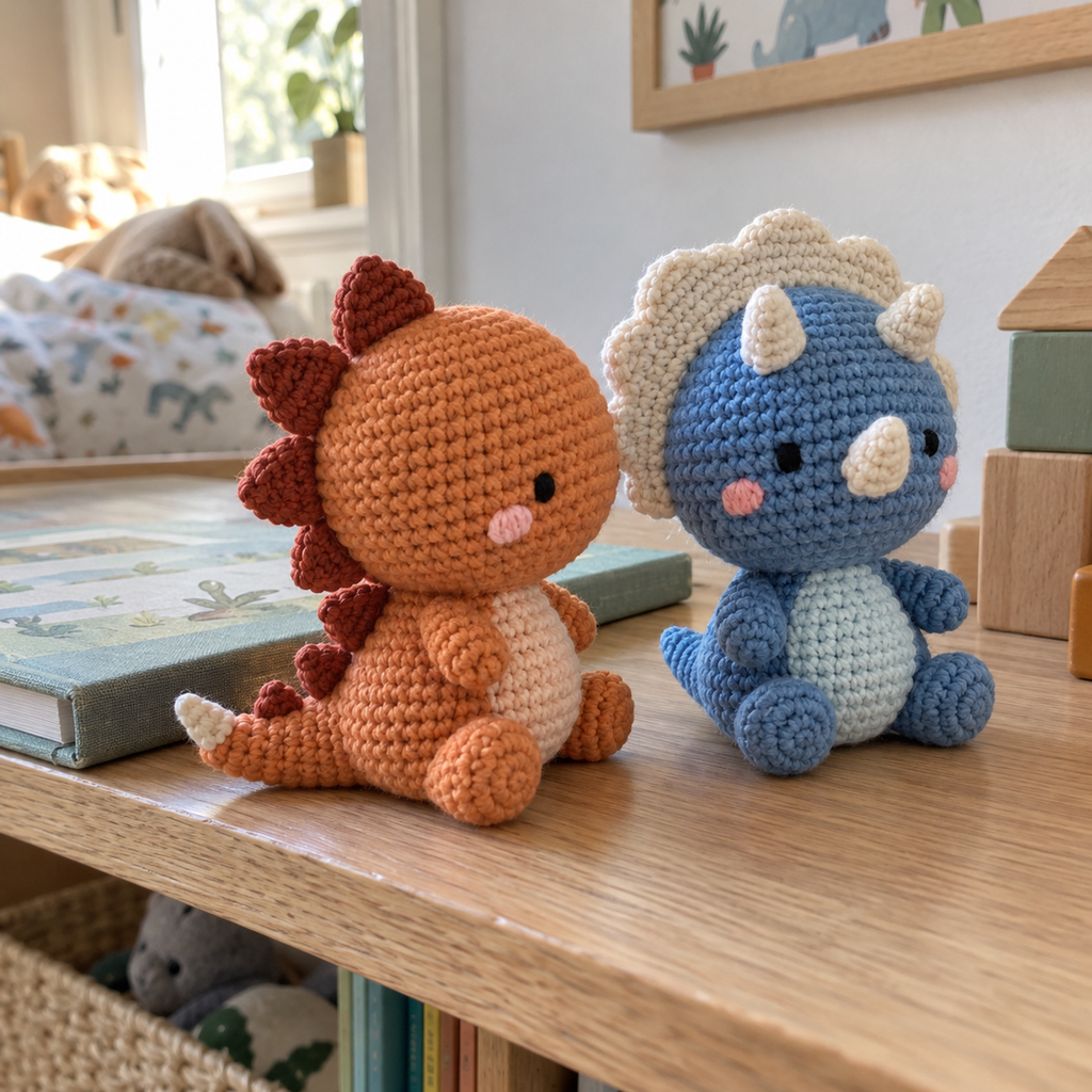 Close angled view of rust Stegosaurus plates and a cream Triceratops frill and three horns, showing the cotton crochet stitches.