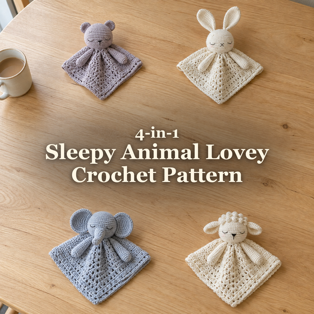 Four sleepy animal crochet loveys with gathered blankets on a wooden table beneath the title 4-in-1 Sleepy Animal Lovey Crochet Pattern.