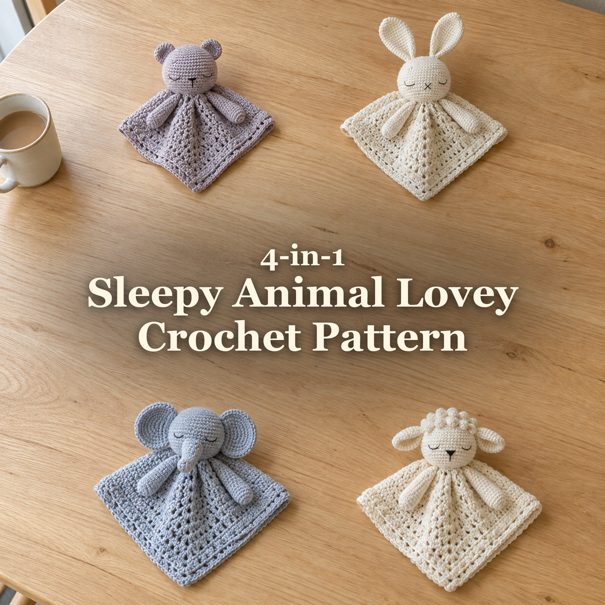 Four sleepy animal crochet loveys with gathered blankets on a wooden table beneath the title 4-in-1 Sleepy Animal Lovey Crochet Pattern.