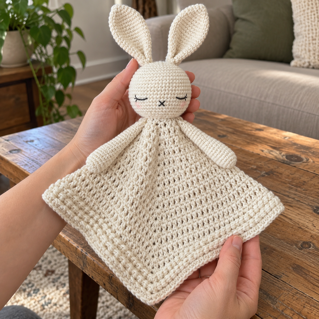Ivory bunny crochet lovey with long ears and a textured blanket border held in two adult hands.