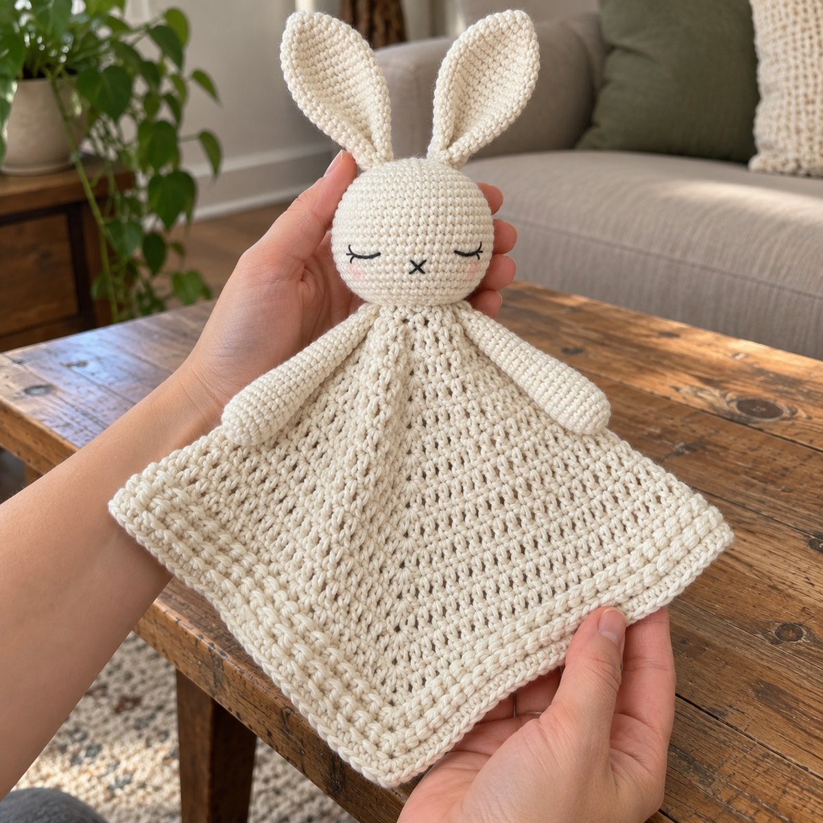 Ivory bunny crochet lovey with long ears and a textured blanket border held in two adult hands.