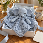 Powder-blue elephant crochet lovey with a softly folded blanket in an open gift box with tissue, ribbon and a blank card beside a mug.