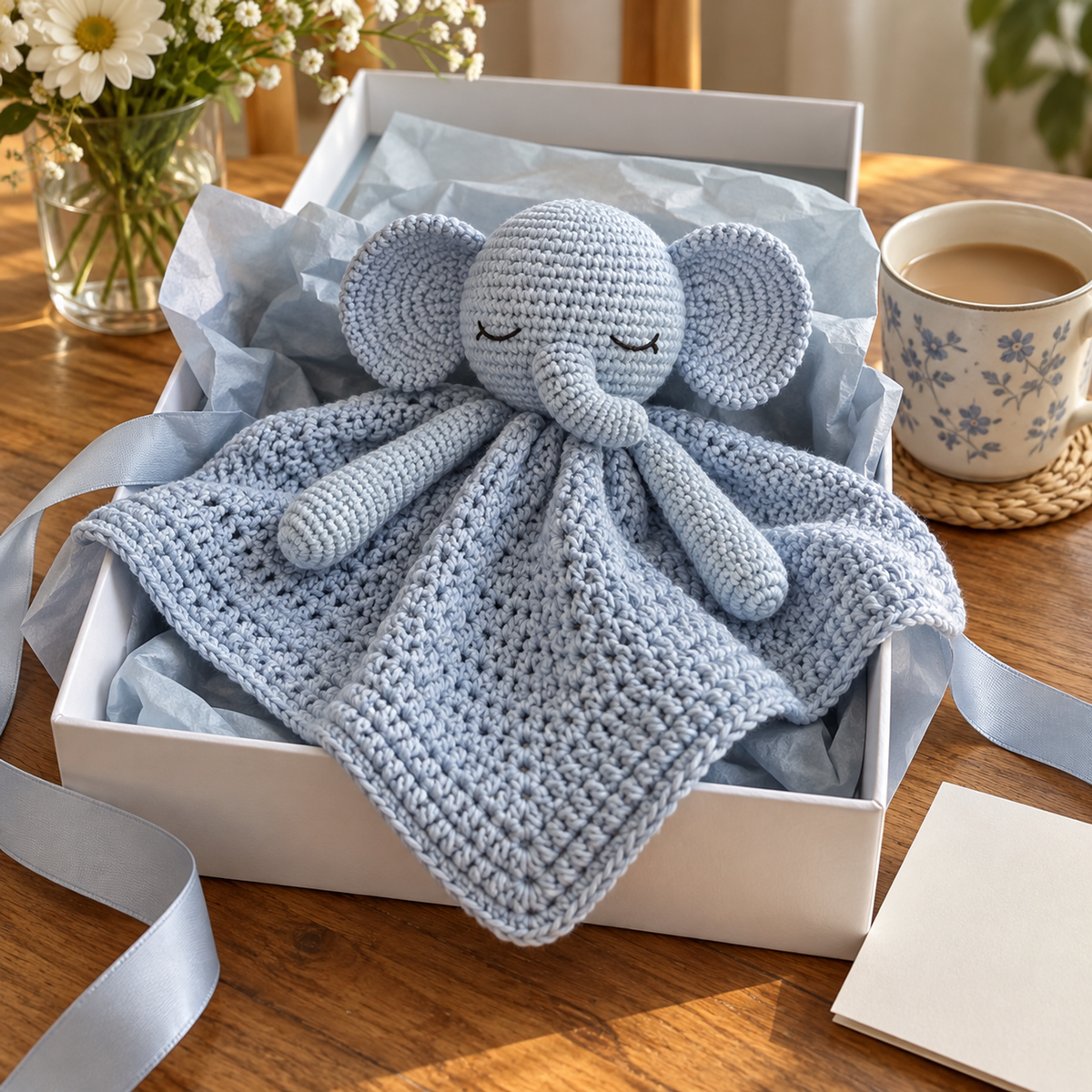Powder-blue elephant crochet lovey with a softly folded blanket in an open gift box with tissue, ribbon and a blank card beside a mug.