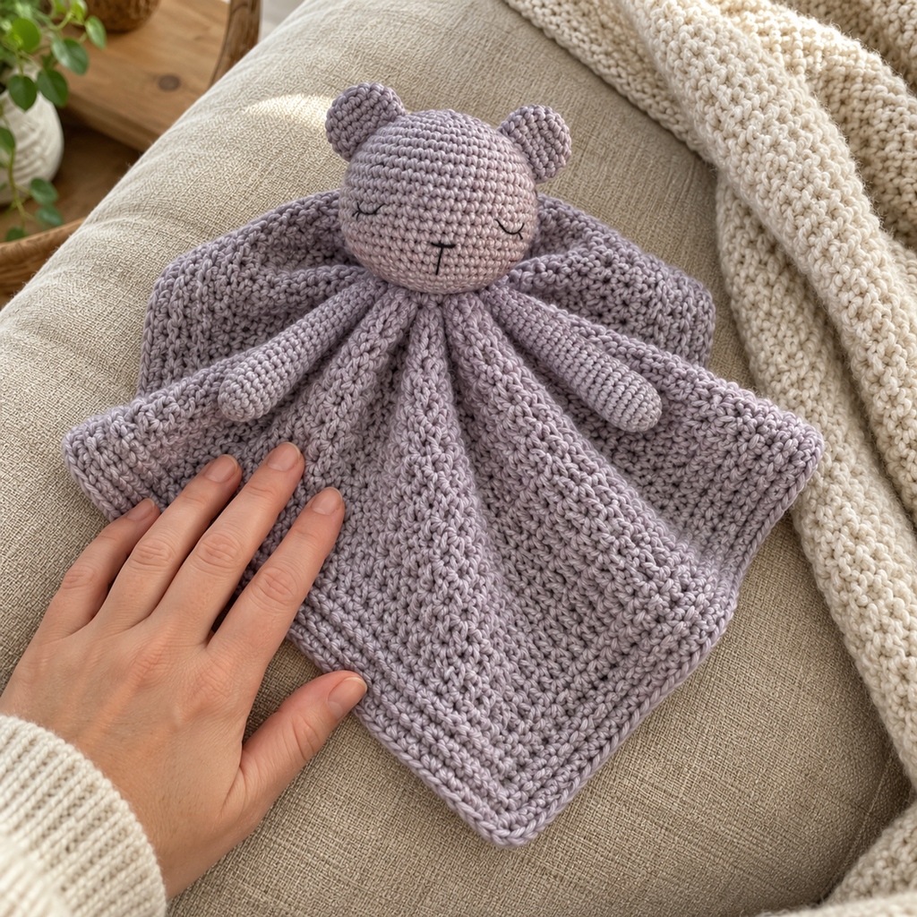 Lilac-grey bear crochet lovey with blanket folds gathered beneath its head on a sofa cushion beside a knitted throw and an adult hand.