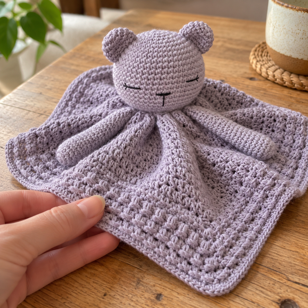 Close detail of a lilac-grey bear lovey with an embroidered sleepy face, gathered neck folds and a raised crochet blanket border.