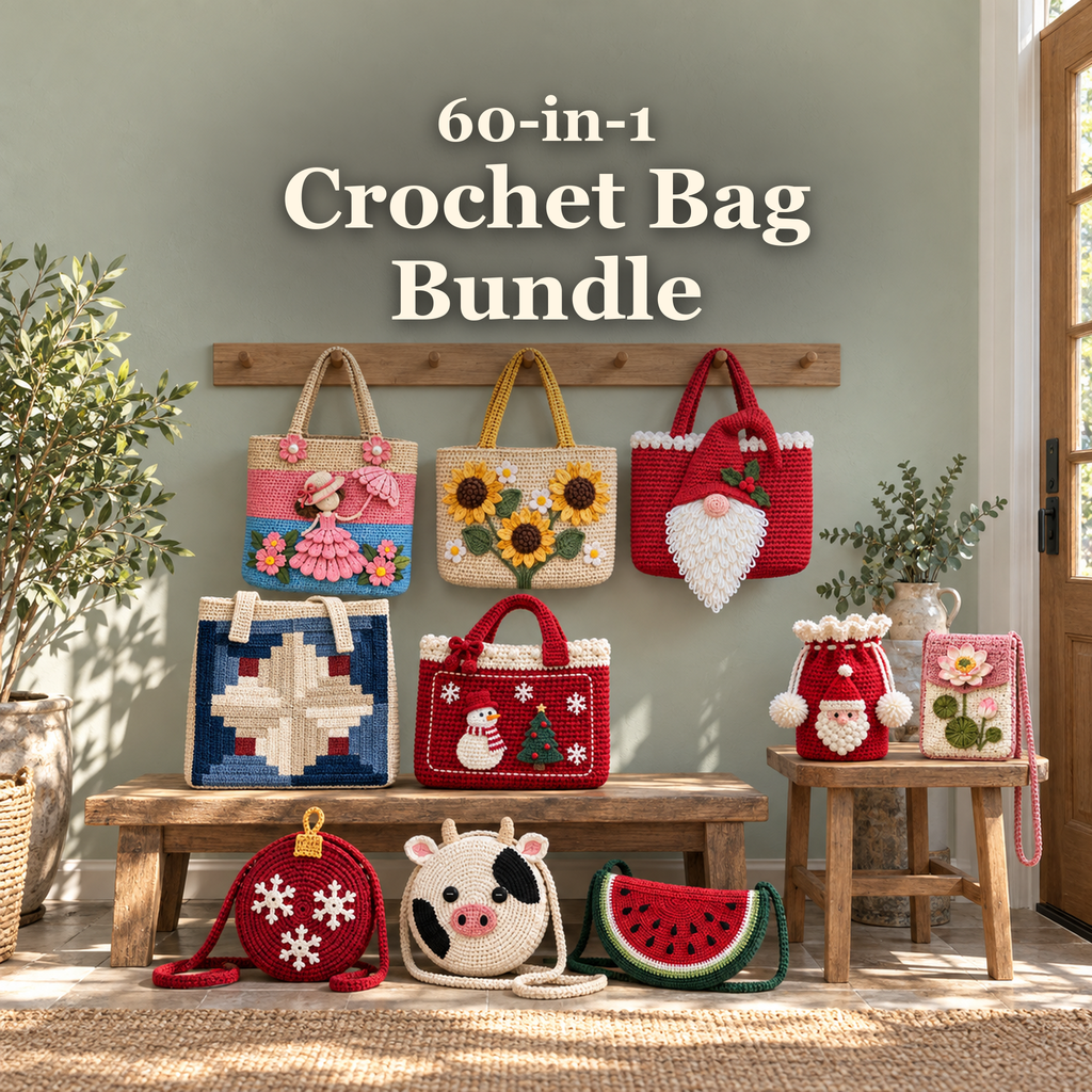 60-in-1 Crochet Bag Bundle, with ten finished crochet bags displayed beside an entry bench and side table.
