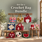 60-in-1 Crochet Bag Bundle, with ten finished crochet bags displayed beside an entry bench and side table.