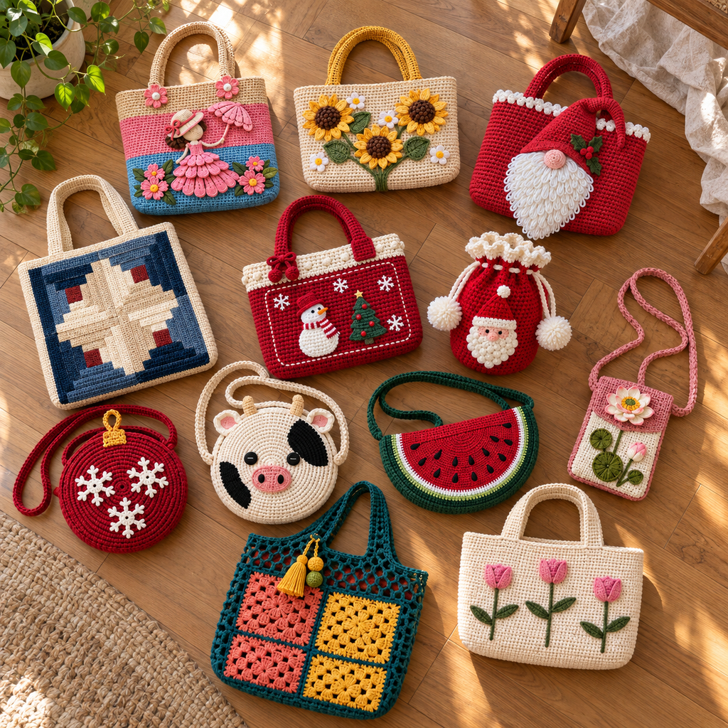 Twelve crochet bags from different collections arranged on a wooden floor, including totes, round crossbody bags, a watermelon bag, a Santa pouch and a Lotus phone bag.