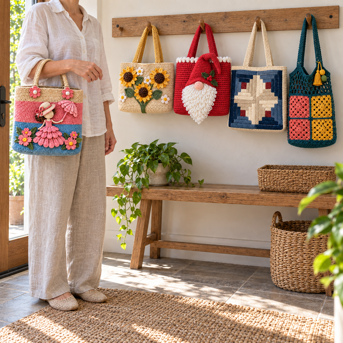 A lady applique tote carried on an arm, with sunflower, Christmas gnome, Log Cabin and granny mesh bags hanging beside a wooden entry bench.