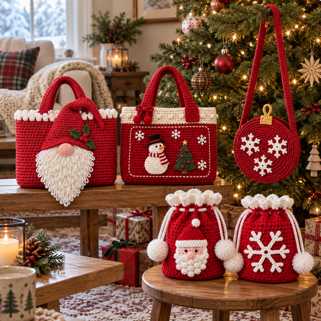 Christmas gnome and Snowfriends totes, a round snowflake Bauble bag, and Santa and Snowflake gift pouches beside a lit Christmas tree.
