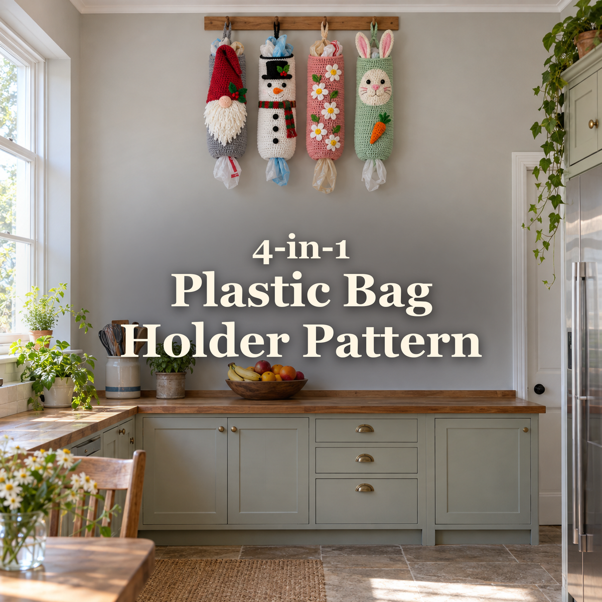 Four crochet plastic shopping-bag holders in grey gnome, white snowman, coral daisy and mint bunny designs hang above a kitchen counter, with crinkled bag handles showing and the title 4-in-1 Plastic Bag Holder Pattern.