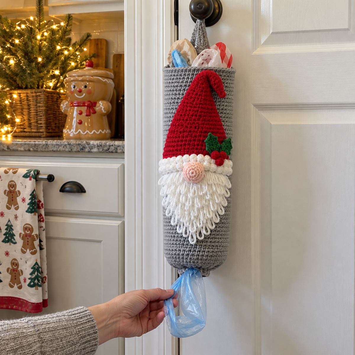 Heather-grey gnome bag holder with a red front hat, white looped beard and pink nose hangs on a pantry knob while a hand pulls a blue plastic shopping-bag handle from the bottom.