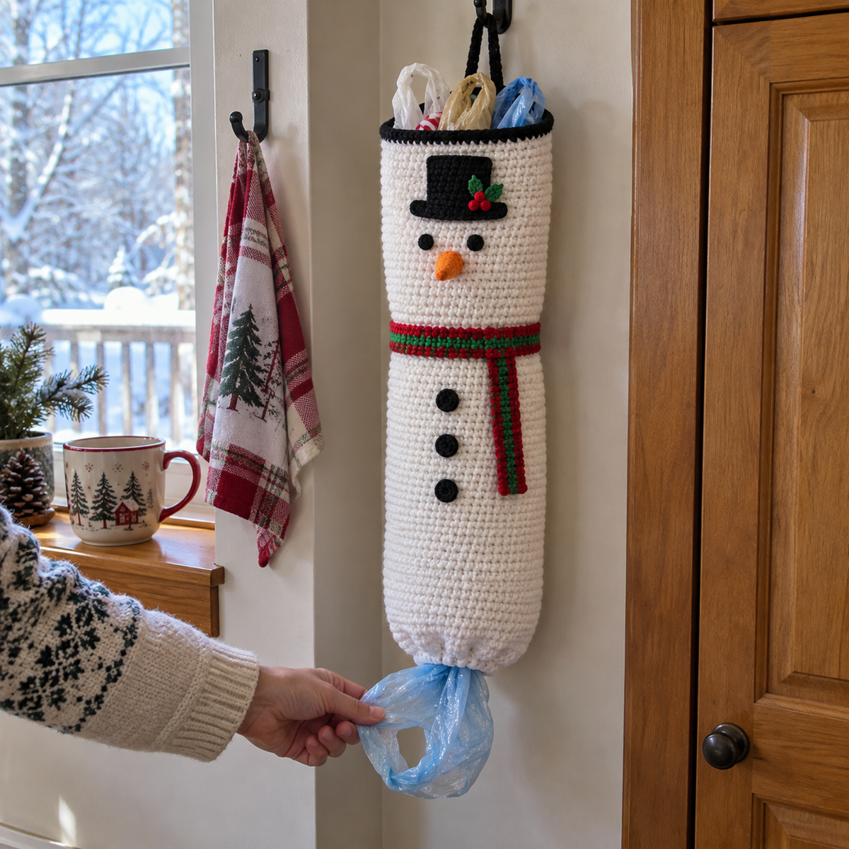 White snowman bag holder beside a winter kitchen window has a black hat applique, orange nose, striped scarf and three dark bobbles; a hand pulls a blue plastic bag handle through its gathered bottom.