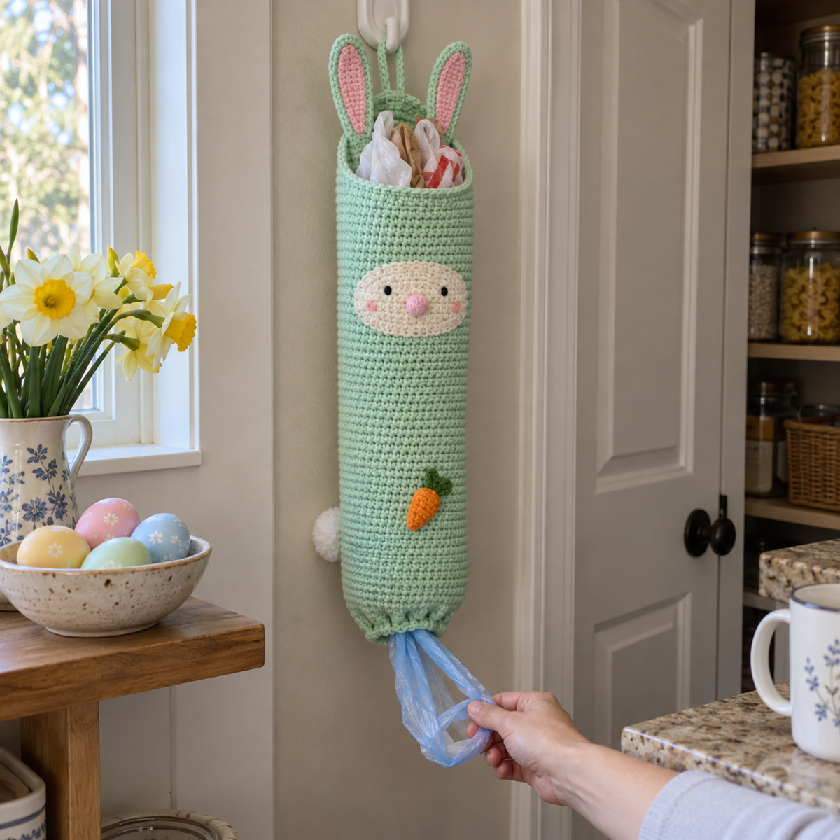 Mint crochet bag holder with pink-lined upright ears, cream face patch, small carrot and a white tail at the back hangs beside pastel eggs as a hand pulls a blue plastic bag handle.