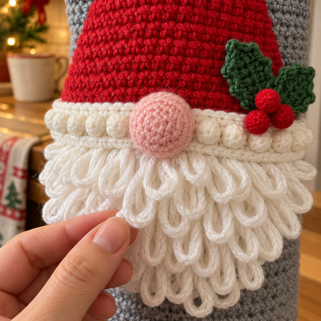 Close detail of a pink gnome nose over a white bobble brim, green holly, three red berries and white beard loops touched by adult fingertips.