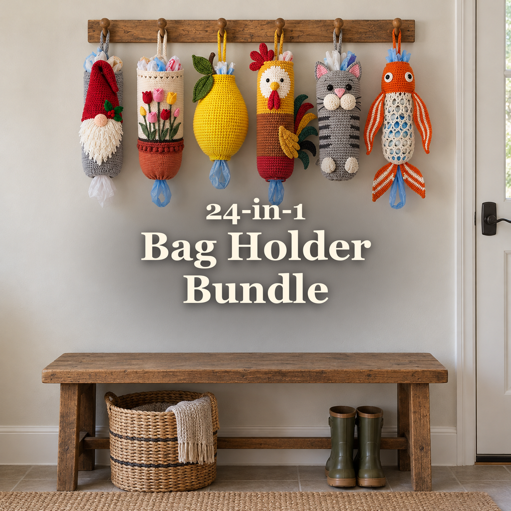 24-in-1 Bag Holder Bundle title across a mudroom wall beneath six crochet bag holders, above a low wooden bench.
