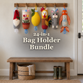 24-in-1 Bag Holder Bundle title across a mudroom wall beneath six crochet bag holders, above a low wooden bench.