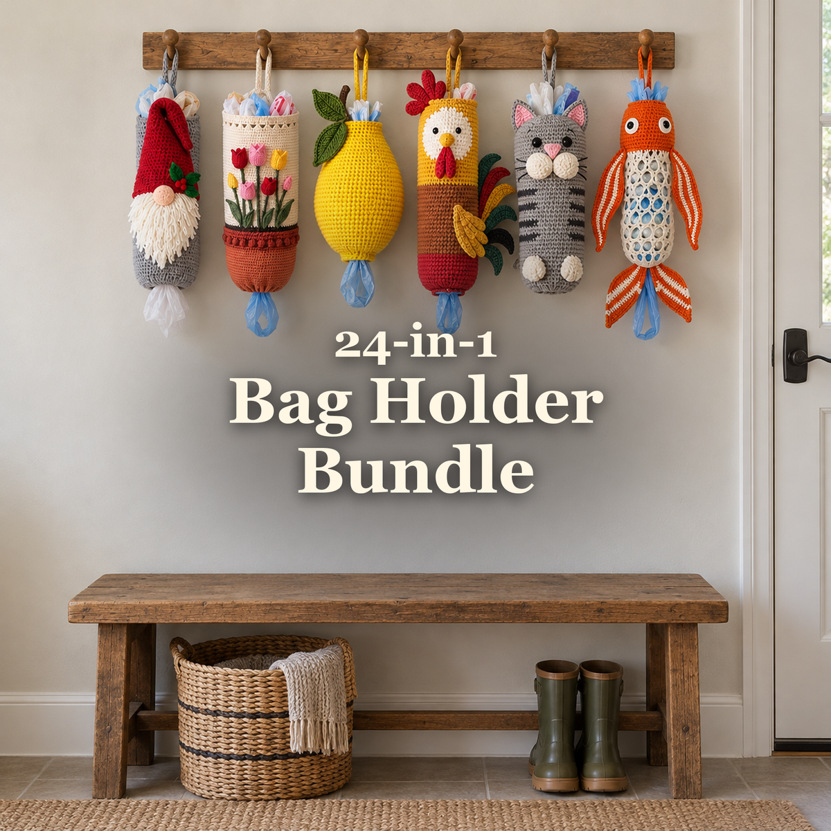 24-in-1 Bag Holder Bundle title across a mudroom wall beneath six crochet bag holders, above a low wooden bench.