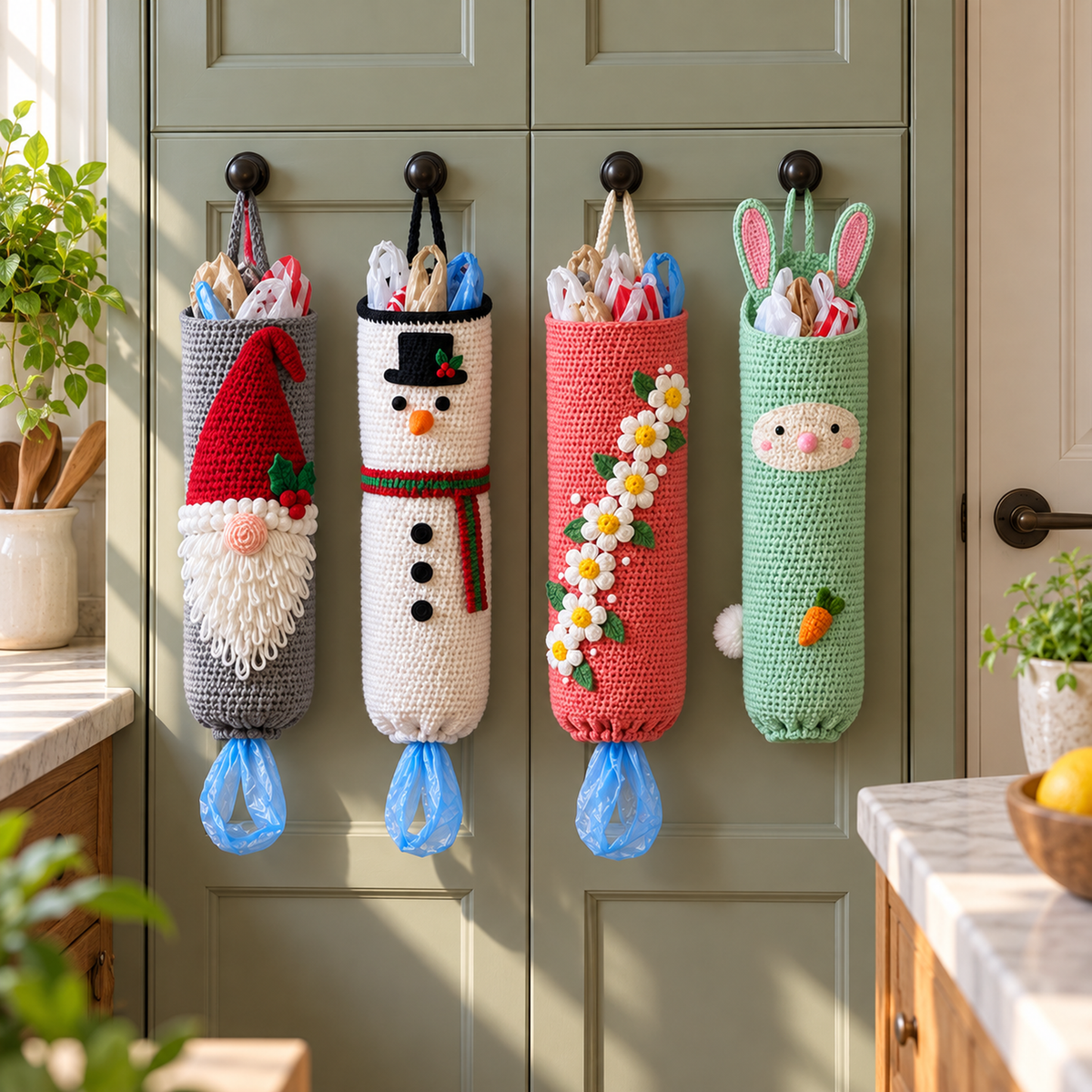 Gnome, snowman, daisy and mint-green bunny crochet bag holders hanging from four pantry-door knobs beside kitchen counters.