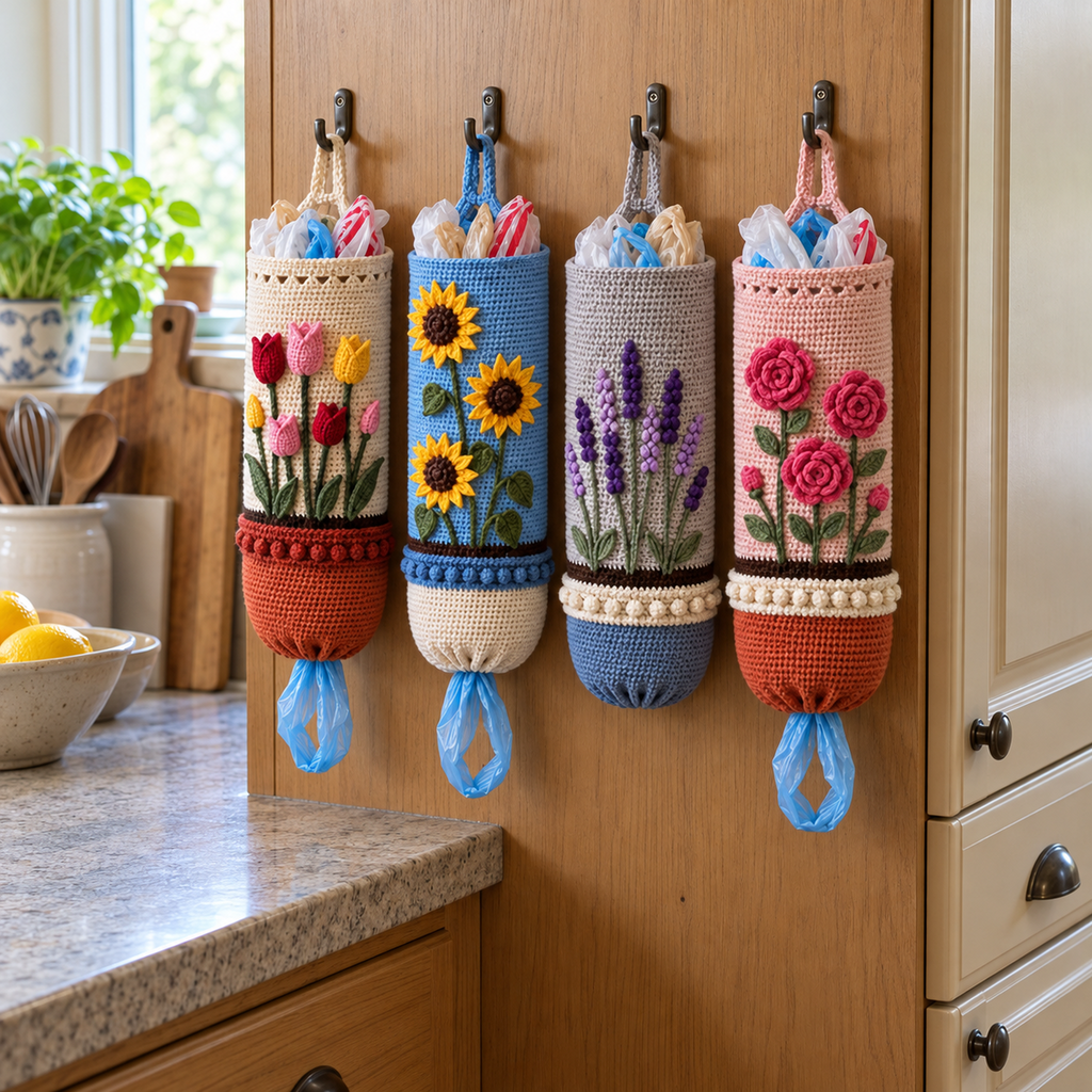 Tulip, sunflower, lavender and rose flower-pot crochet bag holders hanging together beside a kitchen counter.