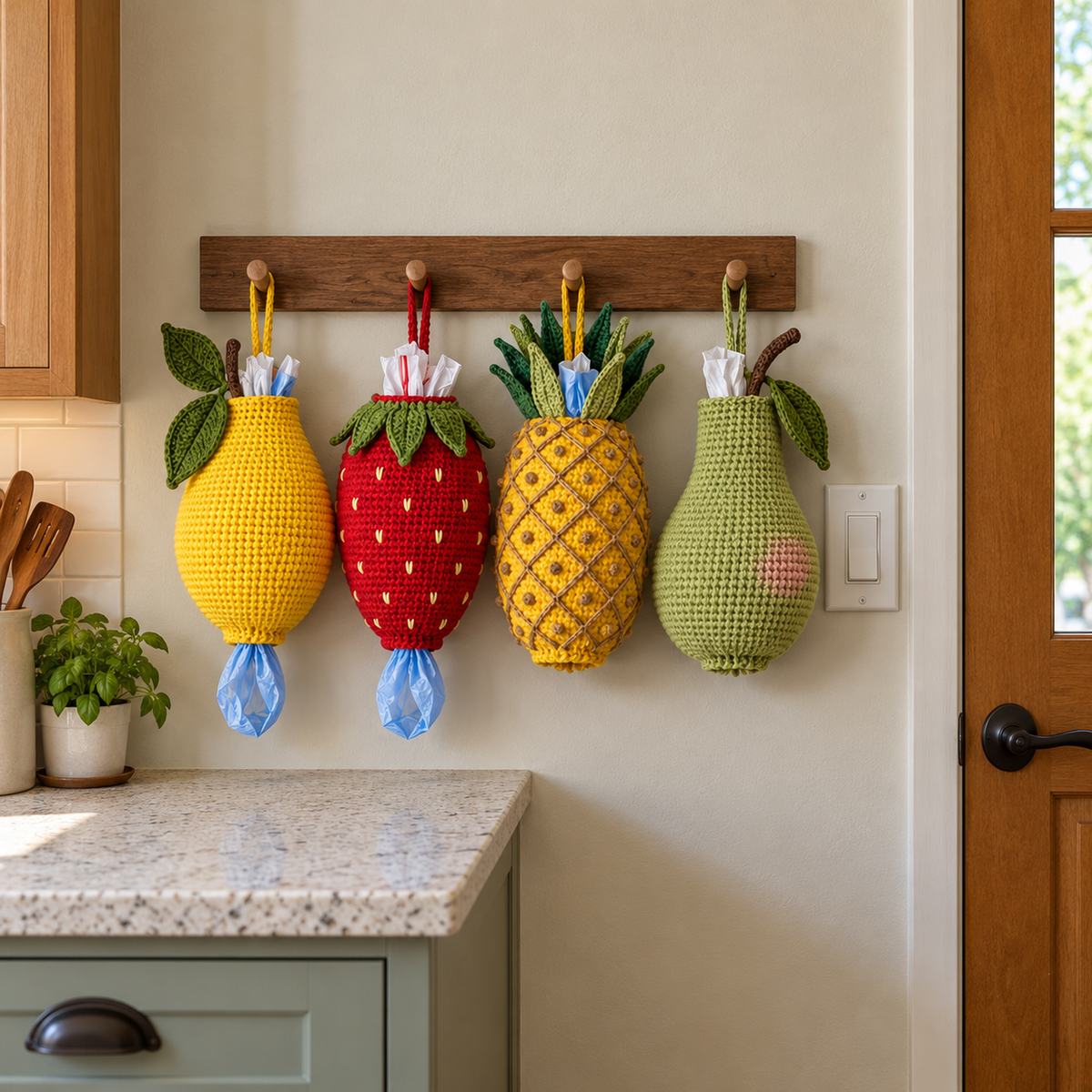 Lemon, strawberry, pineapple and pear crochet bag holders on a wooden board beside a kitchen doorway and light switch.